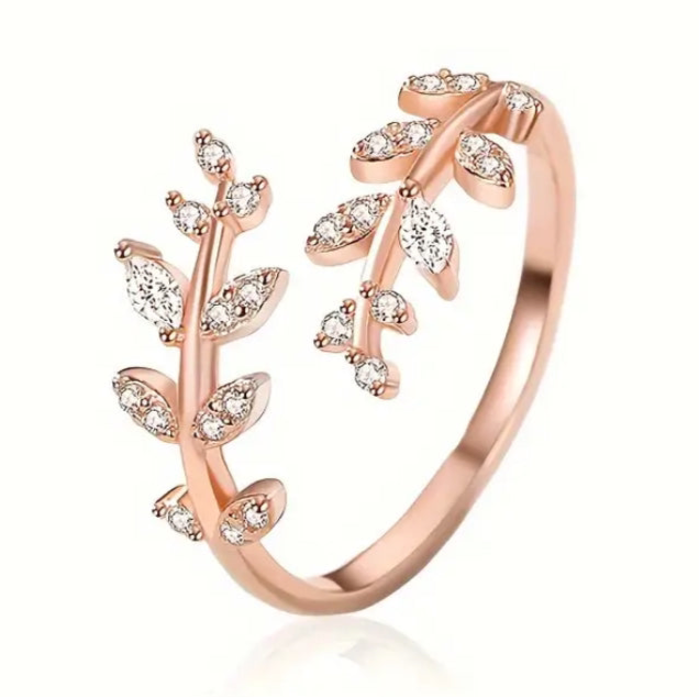 Cubic Zirconia Adjustable Leaf Vine Ring | Silver, Gold & Rose Gold