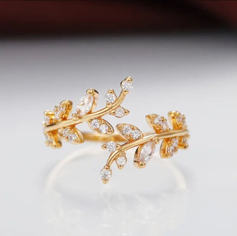 Cubic Zirconia Adjustable Leaf Vine Ring | Silver, Gold & Rose Gold