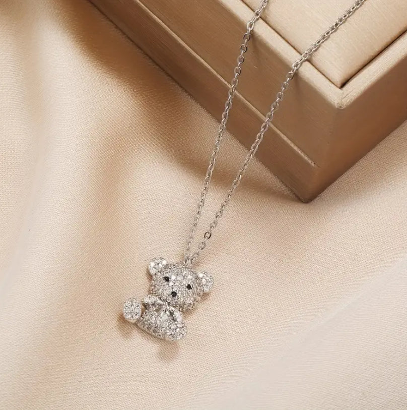 Cubic Zirconia Adjustable Teddy Bear Necklace | Silver