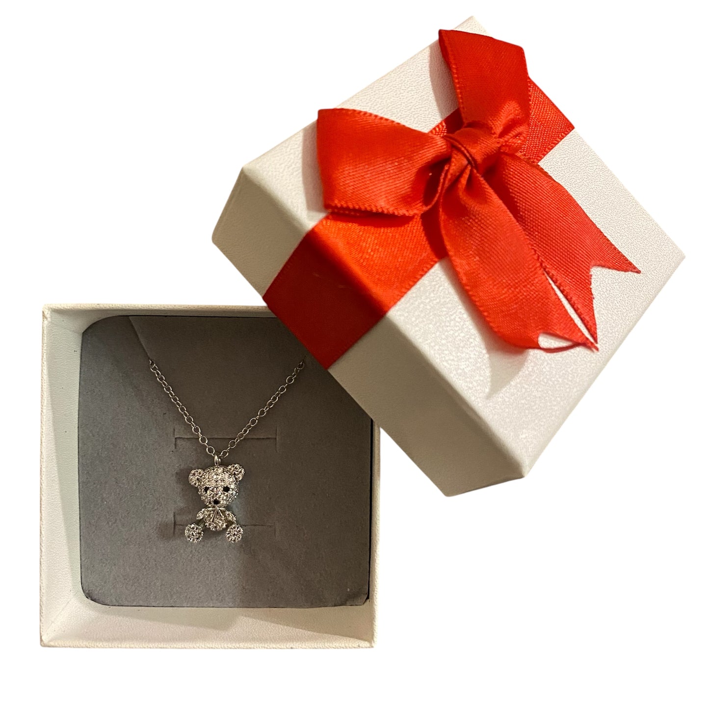 Cubic Zirconia Adjustable Teddy Bear Necklace | Silver