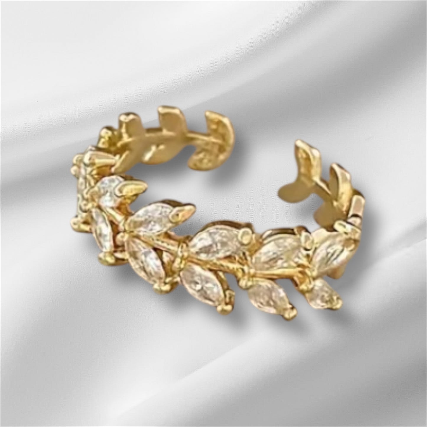 Cubic Zirconia Adjustable Leaf Ring | Silver & Gold