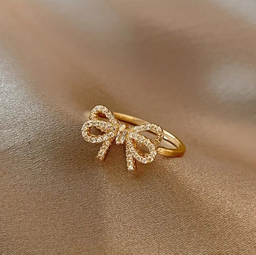 Cubic Zirconia Adjustable Bow Ring For Women | Gold