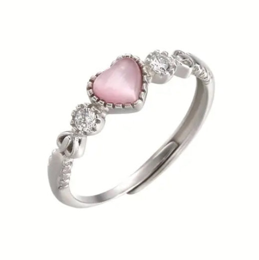 Adjustable Cubic Zirconia Pink Heart Ring | Silver