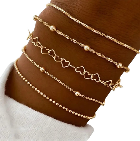 Women’s Stackable Love Heart Bracelet Set | Silver & Gold 5pcs