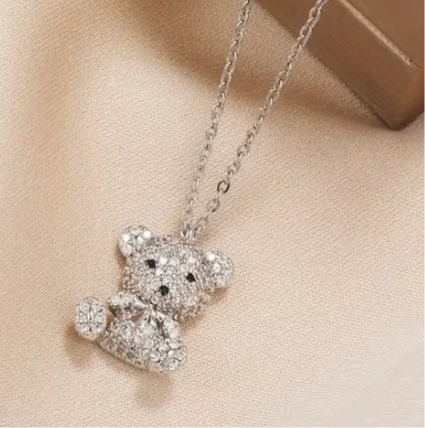 Cubic Zirconia Adjustable Teddy Bear Necklace | Silver